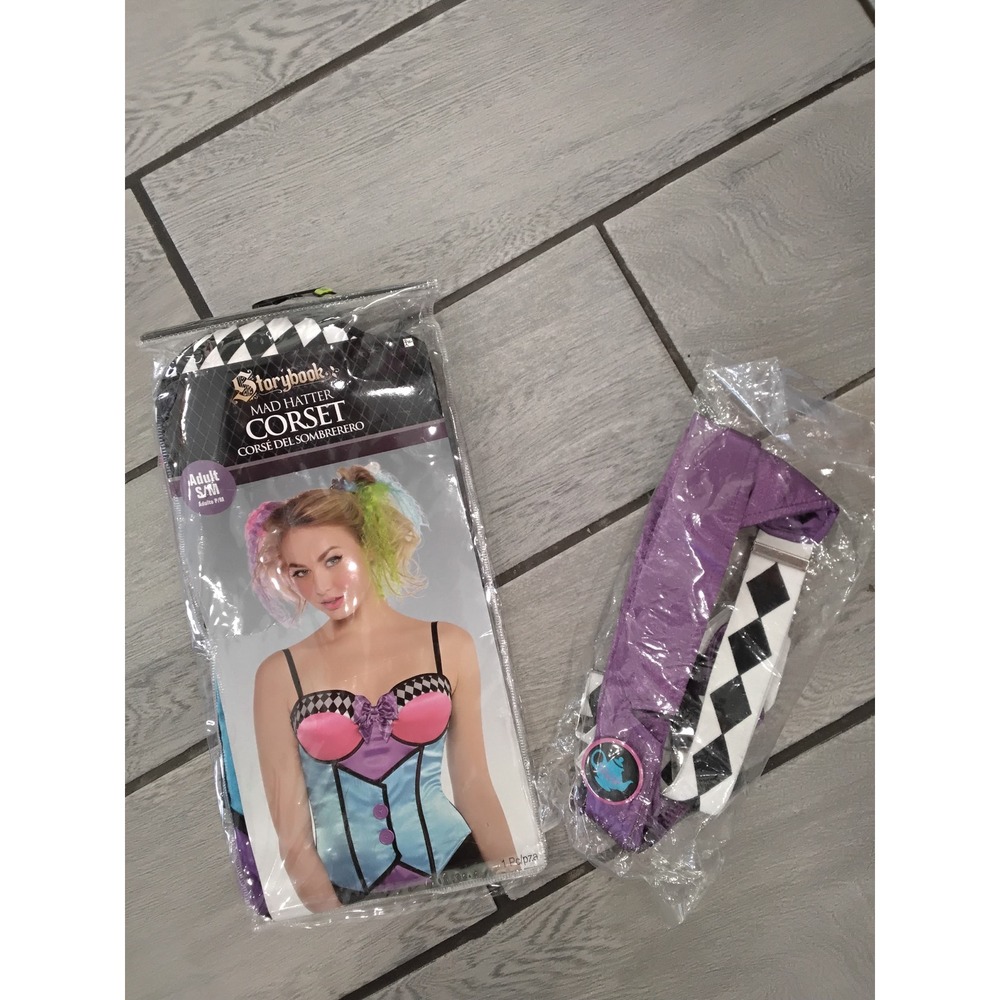 Storybook Mad Hatter Corset Costume Adult S M Purple Black Pink‎ Harlequin